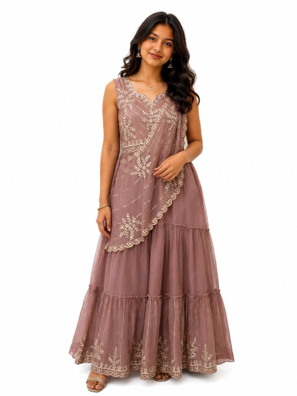 Dusty Rose Embroidered Maxi with Draped Dupatta